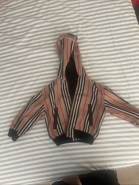 Burberry Striped Hooded Raincoat in Beige, Black and Red